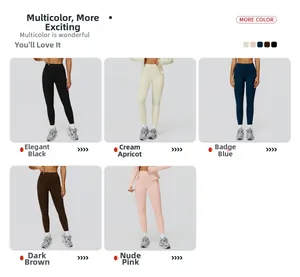 Detailed grid view of high-waist yoga leggings in black, apricot, blue, coffee, and pink