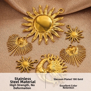 Detailed view of 18K gold plated stainless steel sun and moon pendants on silk