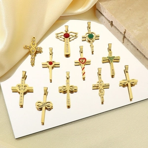 Pendentif Croix En Acier Inoxydable Plaqué Or 18K Strass Künstliche Perle Cœur Aile Foi Religieuse Accessoire Bijouterie DIY
