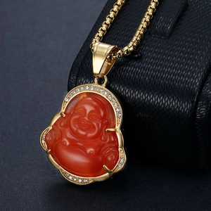 Gold plated stainless steel Laughing Buddha pendant necklace with red cat eye stone inlay