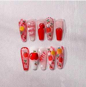 Detail of 10pcs cherry and 3D apple handmade press-on nails with red plaid and glitter