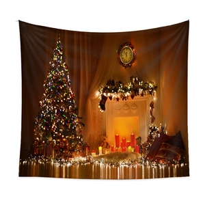 Detailed Christmas tapestry showing a warm festive indoor scene with tree and fireplace