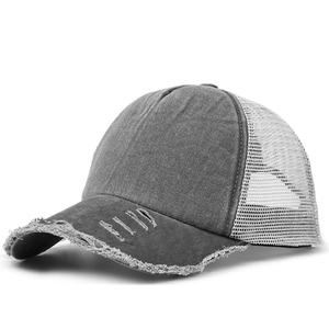 Vintage grijze gewassen katoenen honkbalpet met mesh en distressed rafelige rand