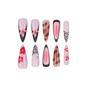 Pink stiletto press-on nails set featuring floral, leopard, and zebra print designs
