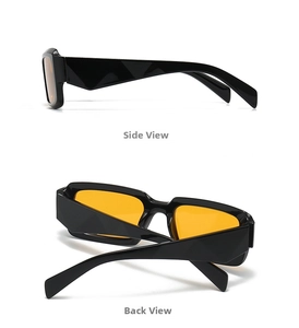 Seiten- und Rückansicht der modernen rechteckigen Sonnenbrille mit glänzend schwarzem Rahmen