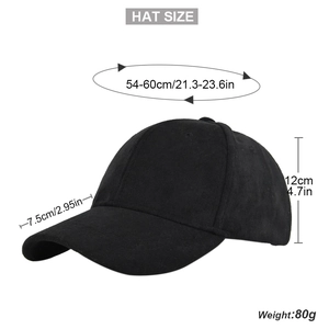 Gedetailleerde maatspecificaties voor de effen suède baseballcap inclusief afmetingen