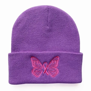 Winter purple knit beanie with embroidered pink butterfly ribbon design