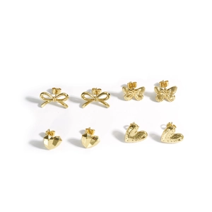 Golden bow and heart earrings set with butterfly and geometric shapes in stainless steel