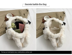 Detail view showing large storage capacity of the white plush tote bag with essentials