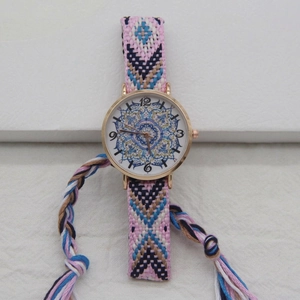 Bohemian hand-woven quartz watch with mandala pattern dial and colorful fabric strap