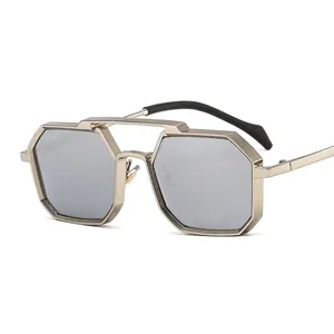 Chic geometric octagonal metal sunglasses with light gold frame and grey lenses for unisex