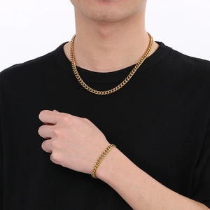 Ensemble de bijoux pour homme collier et bracelet à maille gourmette en acier doré