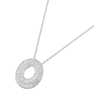 Detailed view of silver oval pendant with full pave-set zircon on a fine box chain