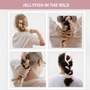 Pink jellyfish-style heatless hair curler set shown in step-by-step usage on a model