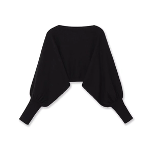 Minimalist black knit crop top featuring stylish puff sleeves and ribbed long cuffs