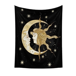 Close-up of black and gold tapestry featuring personified sun and moon with stars