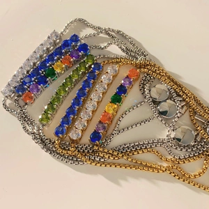 Minimalist stainless steel box chain bracelets with colorful crystal inlay in gold and silver