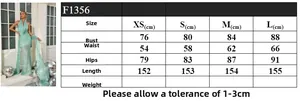 Detailed size chart for halter neck sequined floor-length evening dress with measurements