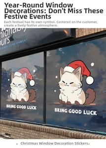 Detail of cartoon Christmas cat window sticker with Bring Good Luck text for holiday decor