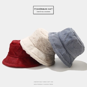 Thick plush fisherman hats in red, beige and blue grey soft faux rabbit fur