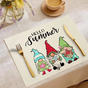 Detailed texture of beige linen placemat featuring summer gnomes and Hello Summer text
