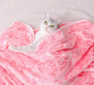 Close-up of a cozy cat wrapped in a pink flannel pet blanket with paw print pattern