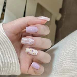 Purple Floral Checkered Press On Nails Short Square Shape Artificial False Nails Women Daily Use ABS Material