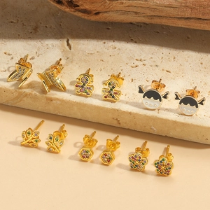 Vintage Copper Stud Earrings With Multi Color Zircon And Enamel Cartoon Girl Flower Butterfly Geometric Designs For Women