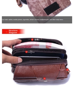 Detailed view of brown leather belt bag with multiple zipper pockets and storage compartments