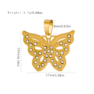 18k gold butterfly necklace pendant with crystal diamonds and detailed size measurements