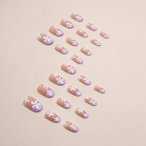 Oval taro purple French press-on nails with cute white floral patterns in 24-piece set