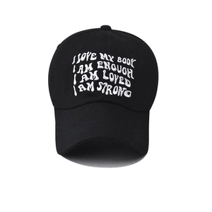 Schwarze Baumwoll-Baseballkappe mit weißem I LOVE MY BODY Stickerei-Schriftzug für Damen