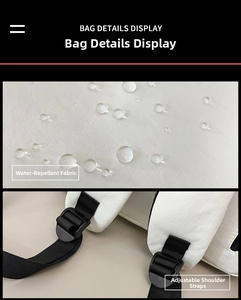 Detail of waterproof white fabric with water droplets and adjustable black shoulder strap buckle