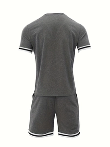 Rear view of men's heather grey t-shirt and shorts set with striped rib cuffs