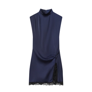 Abito Mini In Raso Blu Navy Senza Maniche Collo Alto Pizzo Patchwork Elegante Cocktail Party Donna