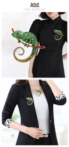 Macro detail of enamel chameleon brooch with colorful rhinestones on black garment