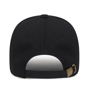 Klassische schwarze 6-Panel Baumwoll-Baseballkappe mit verstellbarer Bronzeschnalle Rückansicht