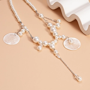 Faux pearl beaded collar necklace with shell pendants and silver chain for summer