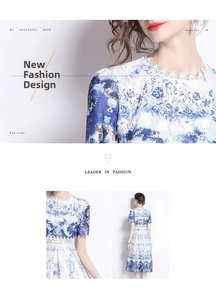Close-up of hollow water-soluble lace fabric and blue floral porcelain print on midi dress