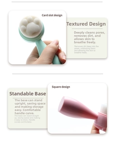 Detail of cat paw face cleansing brushes with soft bristles and standing handle