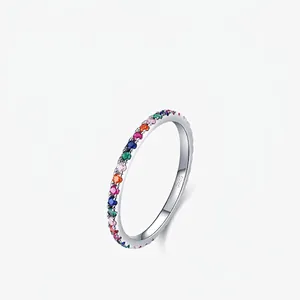 Minimalist S925 sterling silver ring with vibrant rainbow pavé set colorful zircons