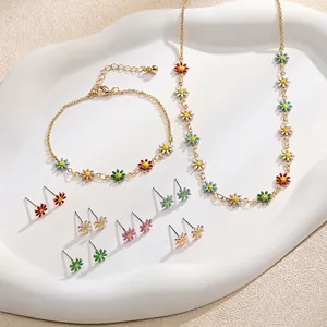 Colorful Enamel Daisy Copper Necklace For Women Summer Sweet Floral Pendant Necklace Jewelry Earring Bracelet Floral Decor