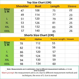 Detailed size chart for men's casual short sleeve shirt and shorts beach set in centimeters