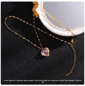 Macro view of purple heart crystal pendant on golden titanium steel chain with size info
