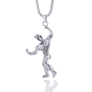 Detailed close-up of a silver muscular man barbell pendant with a reflective finish