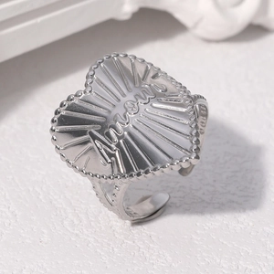Silver-tone adjustable heart ring with Amour engraving and radiating sunburst texture