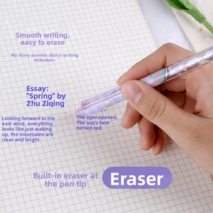 Close-up of a hand writing on a notebook with a purple erasable pen and built-in eraser