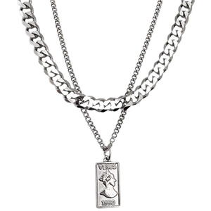 Double-layered titanium steel cuban chain necklace with Venus 1990 engraved square pendant
