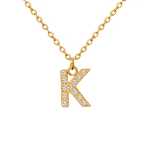 Initial Letter Pendant Necklace 18K Gold Plated Titanium Steel Zircon Inlaid Clavicle Chain Jewelry Women