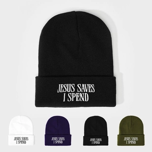 Bonnet Beanie Jesus Saves I Spend Broderie Lettre Tricot Acrylique Revers Hiver Chaud Streetwear Unisexe